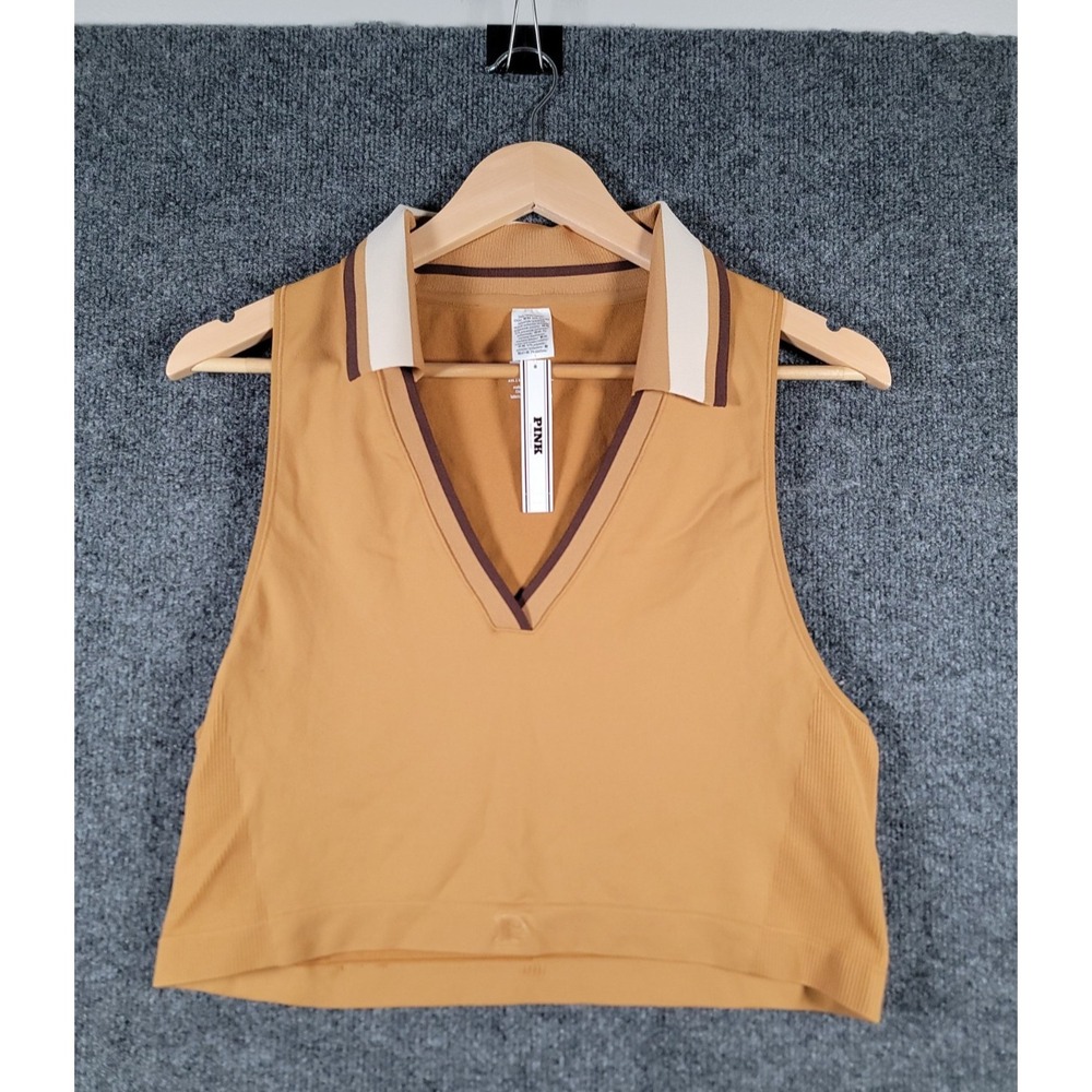 PINK Polo Tank Top Womens XXL Brown Tan V-Neck Collared Stretch Yoga NWT $35